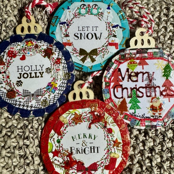 A set of 4 new unique handmade 3x3” wooden Christmas tree hanging ornaments $40 - Picture 1 of 13